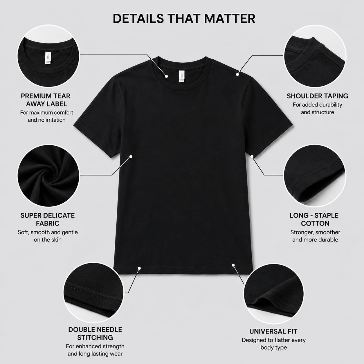 Leniswear Premium Cotton T-Shirt – Black| 180 GSM | 100% Super Combed Cotton