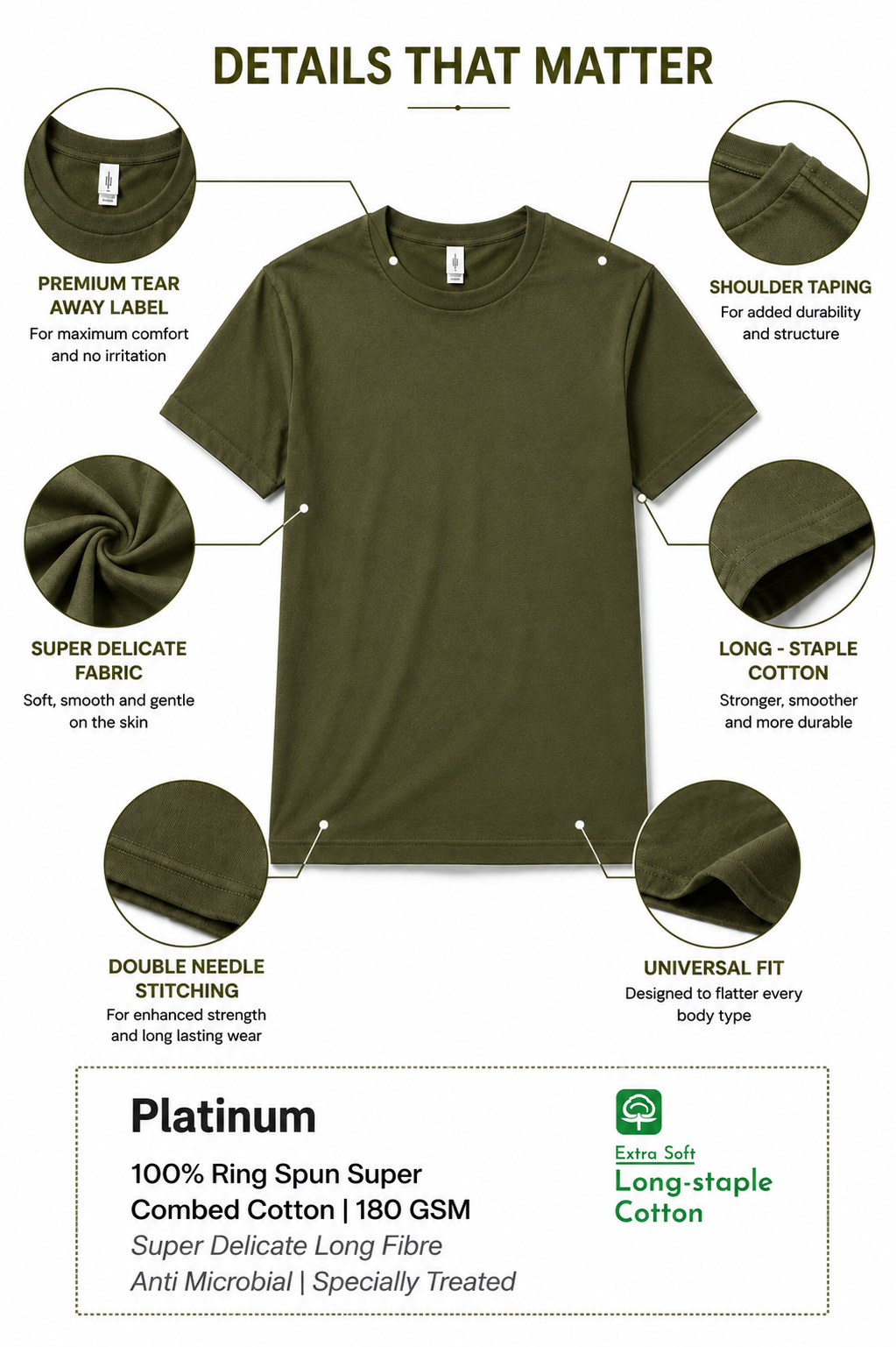 Leniswear Premium Cotton T-Shirt – Olive Green| 180 GSM | 100% Super Combed Cotton