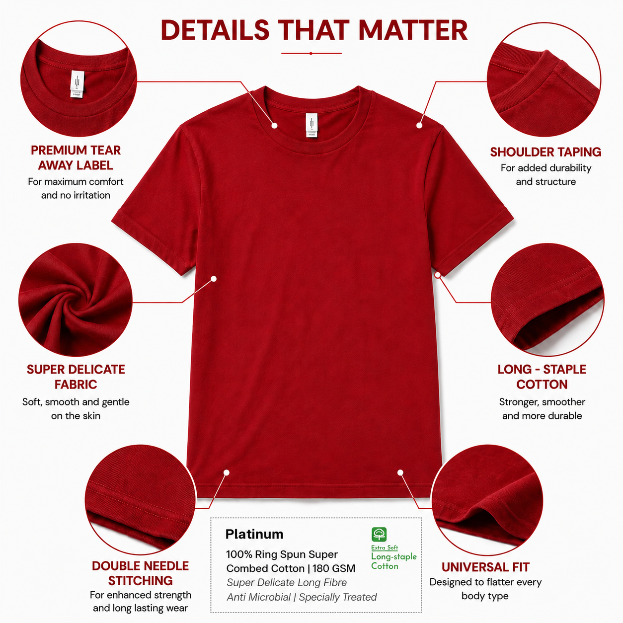 Leniswear Premium Cotton T-Shirt – Red| 180 GSM | 100% Super Combed Cotton
