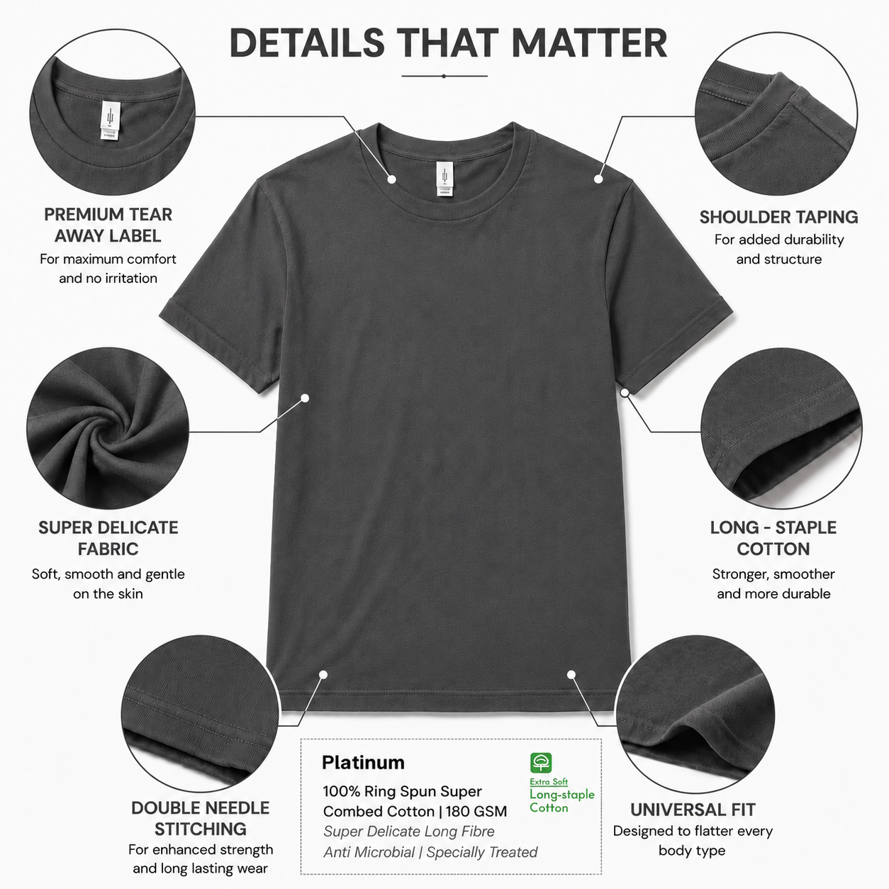 Leniswear Premium Cotton T-Shirt – Asphalt| 180 GSM | 100% Super Combed Cotton