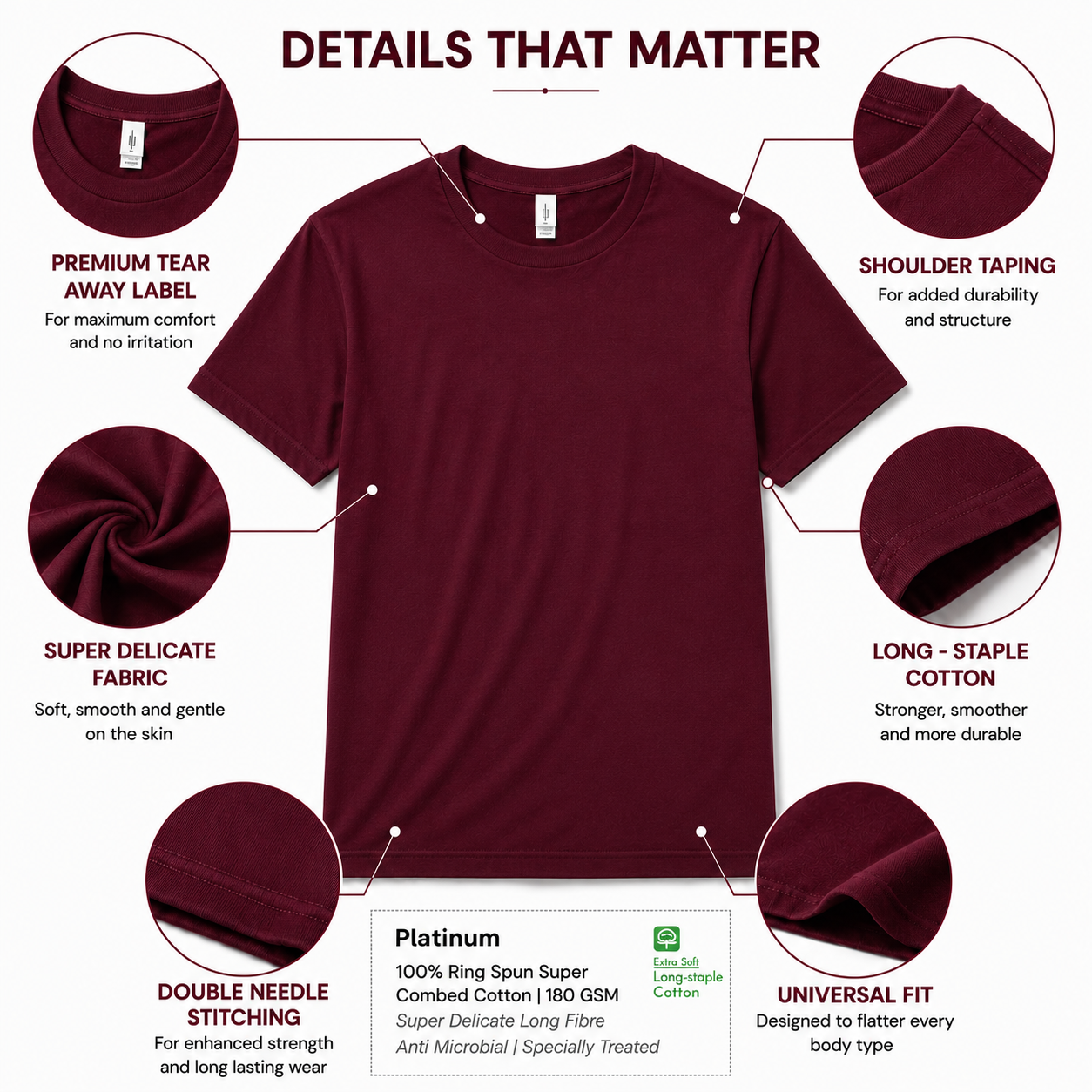 Leniswear Premium Cotton T-Shirt – Maroon| 180 GSM | 100% Super Combed Cotton